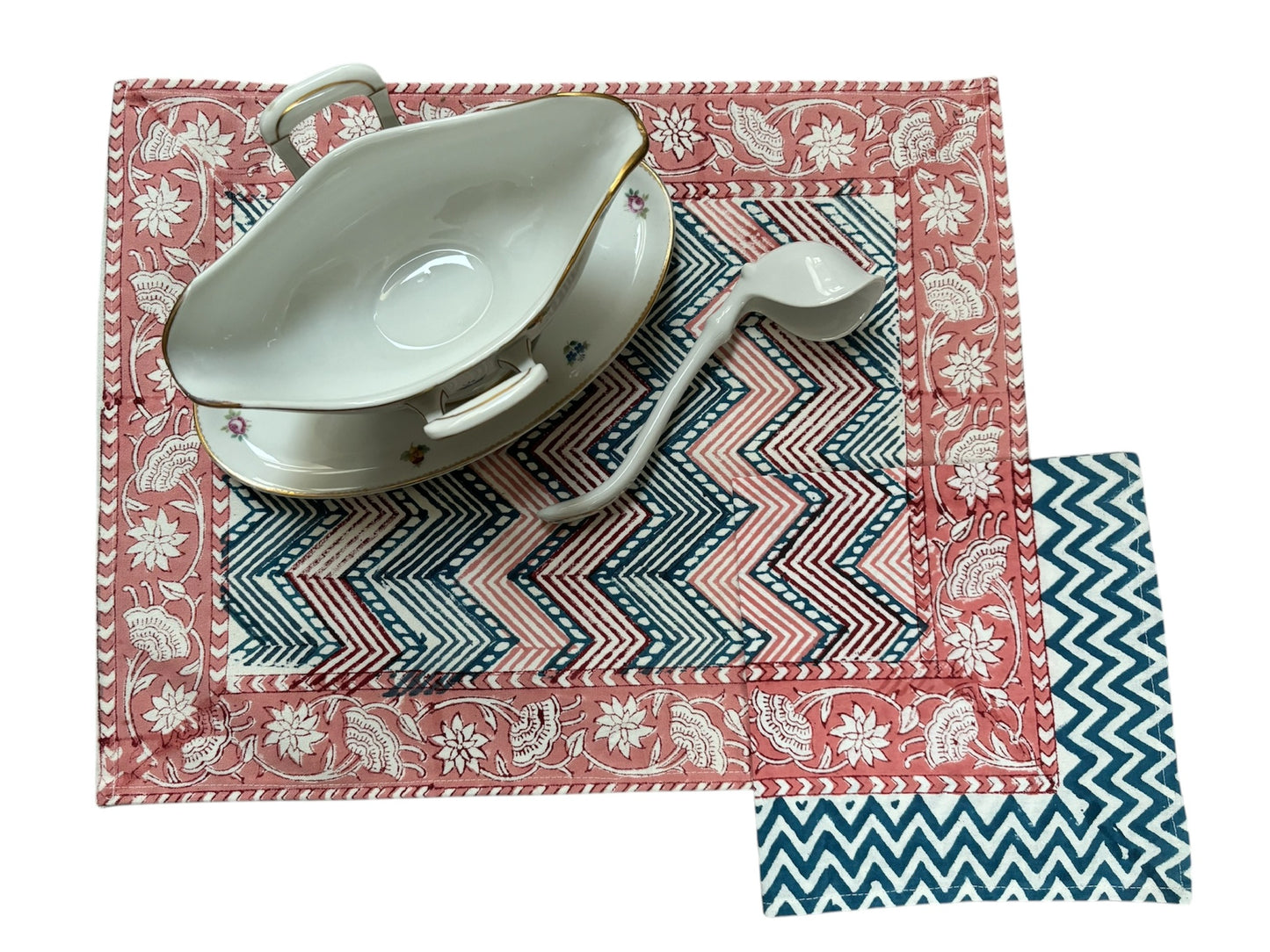 Tovaglietta Americana printblock geometrico corallo e ottanio