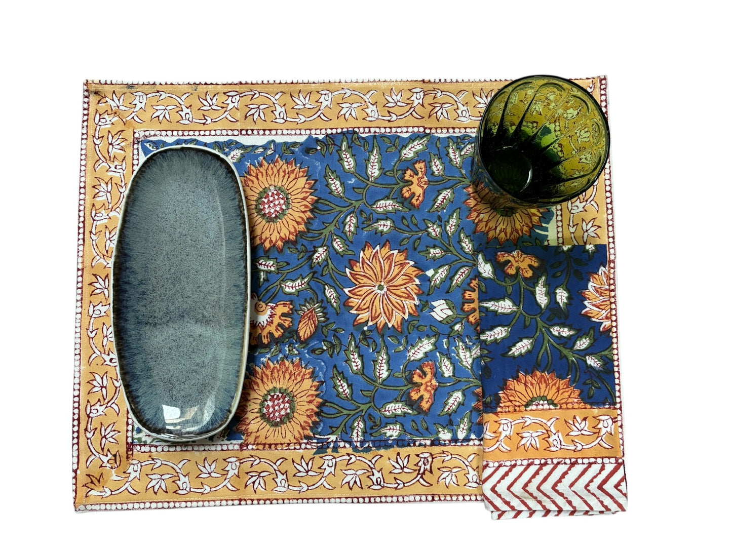 Tovaglietta Americana printblock blu fiori arancio